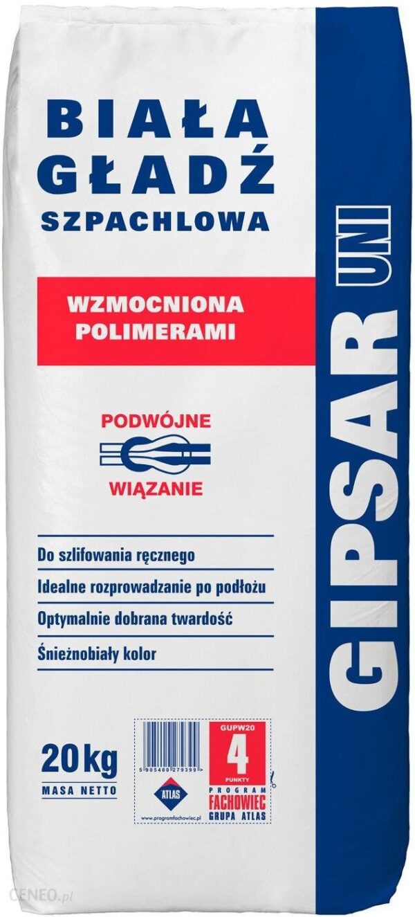 Atlas Gładź Szpachlowa Biała Gipsar Uni Wzmocniony Polimerami 20Kg