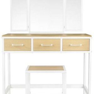 Toaletka kosmetyczna z dzielonym lustrem i taboretem biała VASAGLE